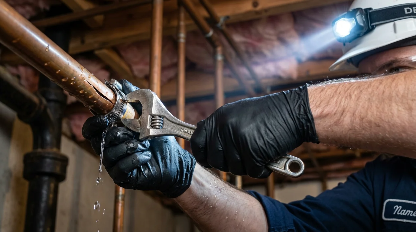 Emergency pipe clamp repair being performed by a Johns Plumbing LLC plumber in Alloway