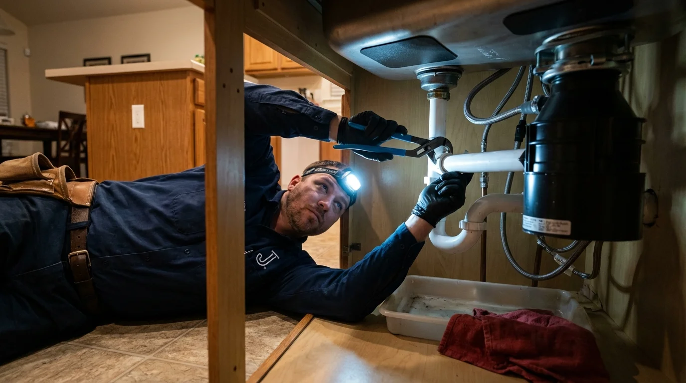 P-trap and supply line connections under a kitchen sink showing a common leak point in Alloway, NJ